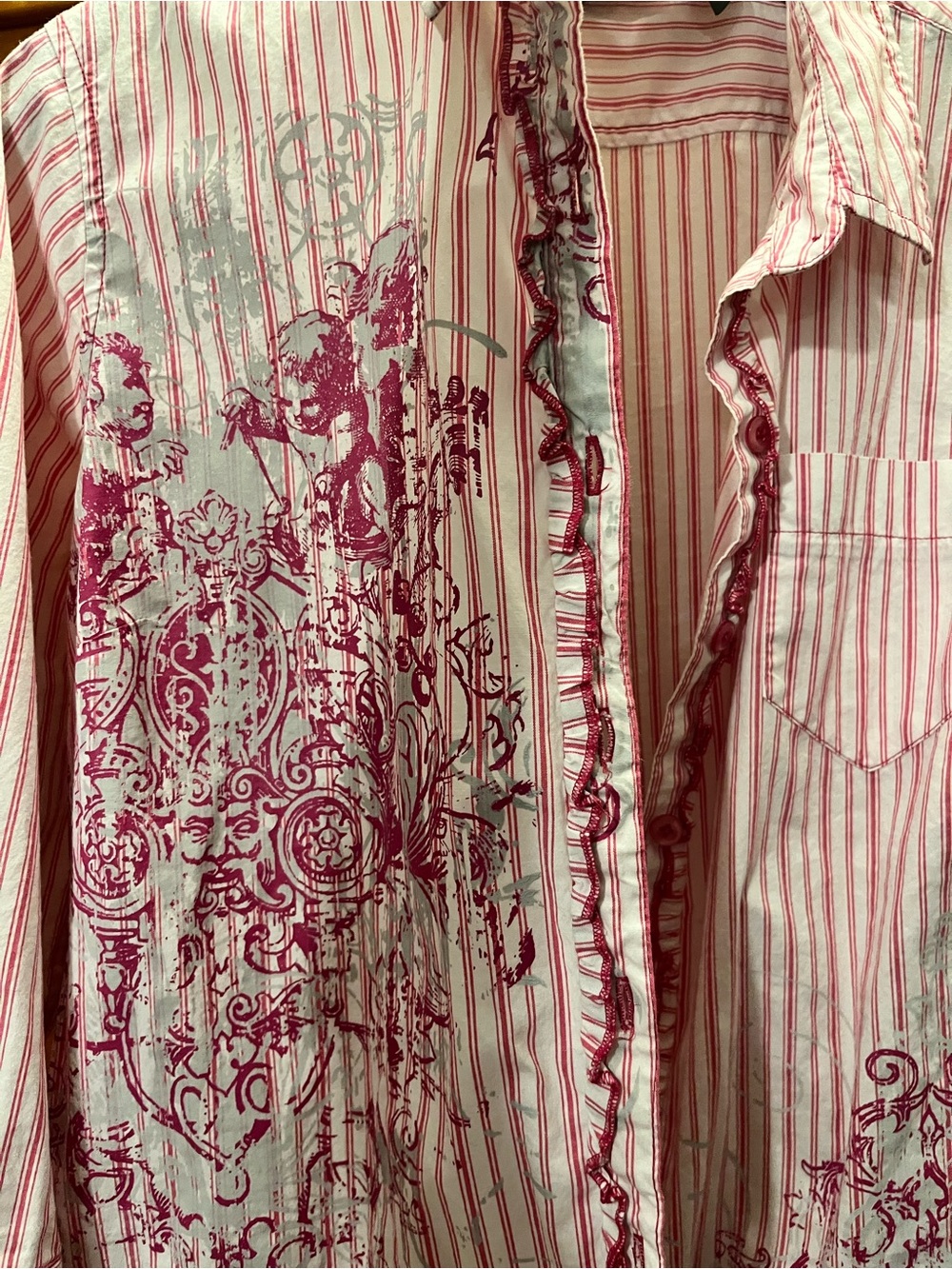Vintage Vanity Pink and Light Gray Striped Button-Down Shirt Print